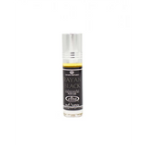A sleek glass rollerball bottle of rayan black concentrated perfume oil 6ml by Al Rehab with golden-yellow oil and silver cap