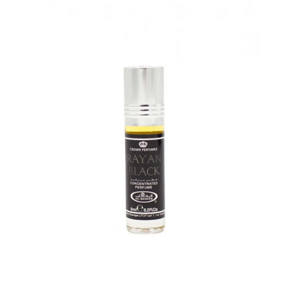 A sleek glass rollerball bottle of rayan black concentrated perfume oil 6ml by Al Rehab with golden-yellow oil and silver cap