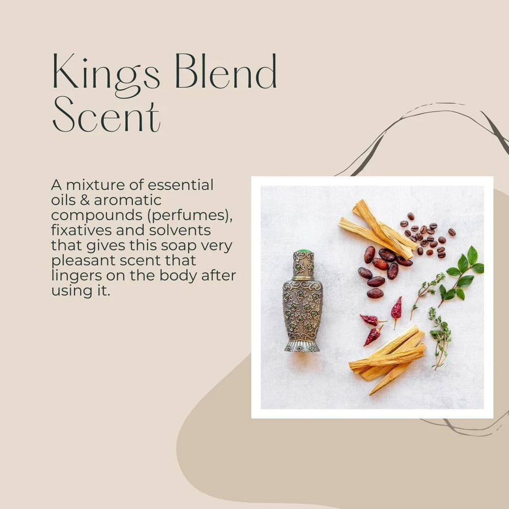 Text about 'Kings Blend Scent' with a decorative bottle and ingredients on a beige background