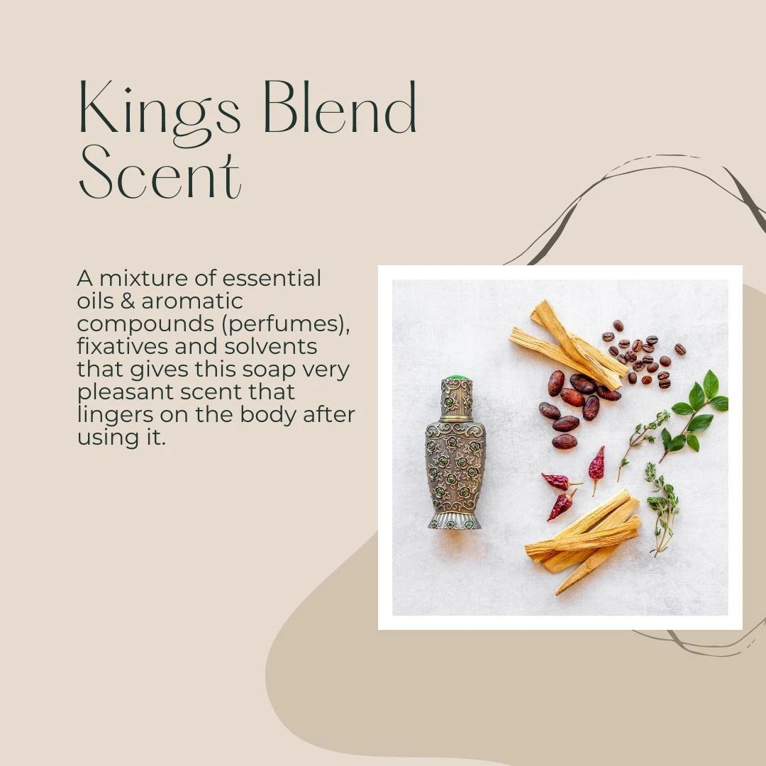 Text about 'Kings Blend Scent' with a decorative bottle and ingredients on a beige background