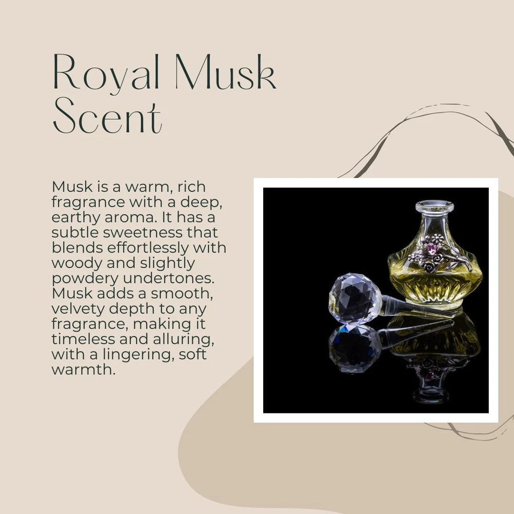 Advertisement for Royal Musk Scent with an oil bottle and dropper on a dark background.