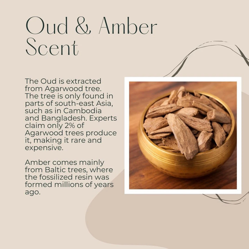 Wooden bowl filled with dried oud resins on a wooden surface, with text about oud and amber scent.