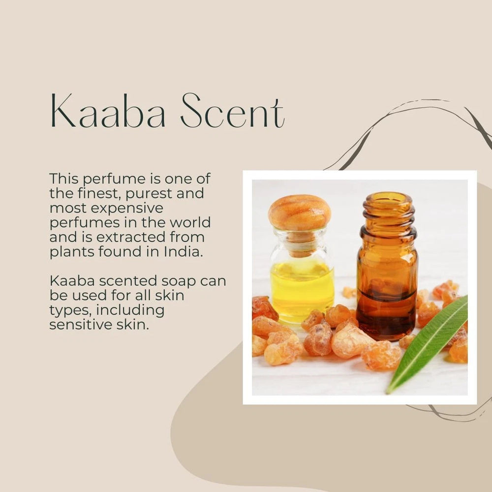 Advertisement for Kaaba Scent with two amber bottles and a leaf on a beige background.
