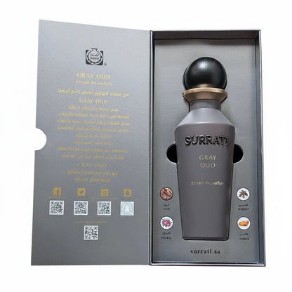 Surrati Gray Oud perfume bottle in packaging on a white background