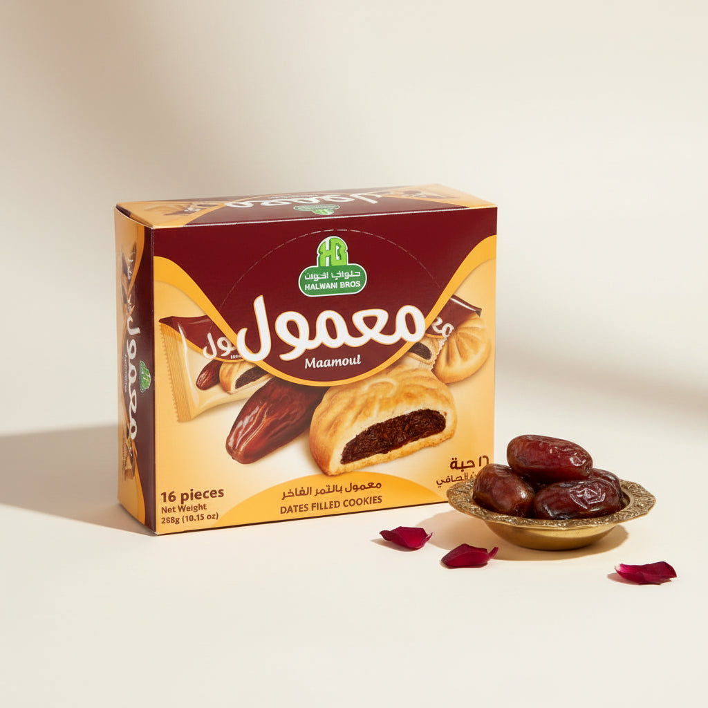 Box of Halwani Bros Maamoul cookies with dates and cookies on packaging