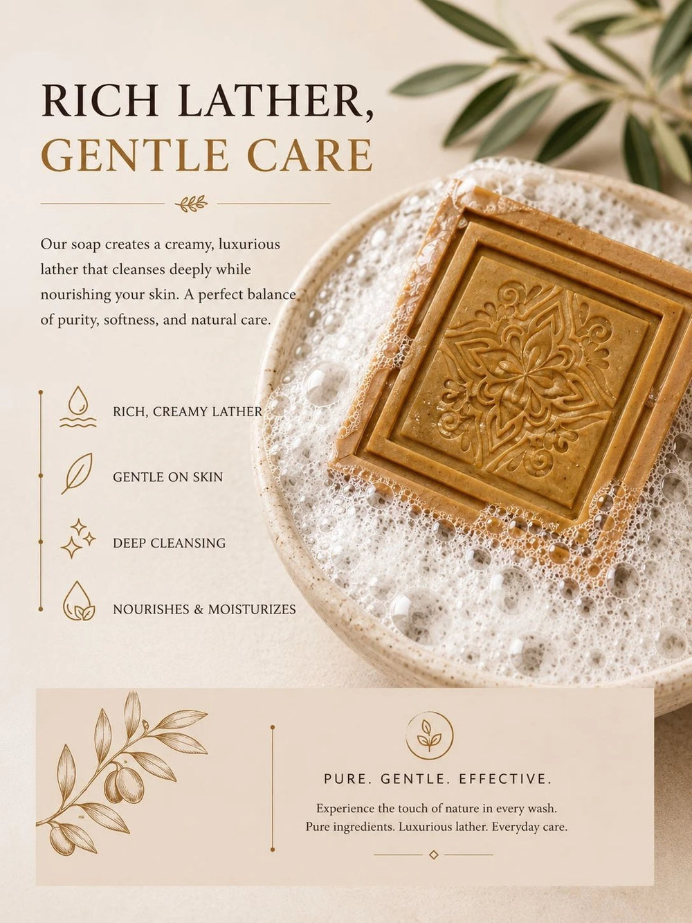 Bar of soap with a decorative design on a bed of bubbles, surrounded by text highlighting soap benefits.
