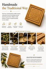 Handmade soap bar with decorative design on a white background, featuring text about traditional soap-making process.