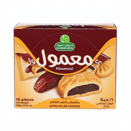 Box of Halwani Bros Maamoul cookies with dates and cookies on a white background