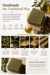 Handmade soap with olive oil and olive leaves, emphasizing traditional craftsmanship.