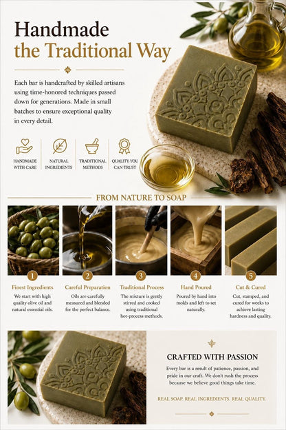 Handmade soap with olive oil and olive leaves, emphasizing traditional craftsmanship.