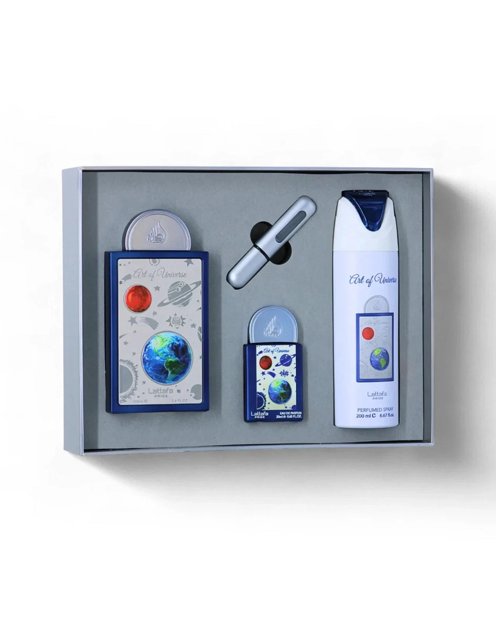 Set of grooming products including a bottle, brush, and other items in a box on a white backgroundArt of Universe – Citrus Aromatic EDP Gift Set 100ml + 20ml + 200ml – Lattafa