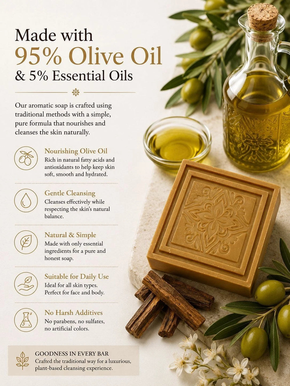 Olive oil soap bar with olive oil bottle, cinnamon sticks, and olive branches on a light background.