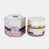 Cosmetic jar and packaging with floral design on a light gray background