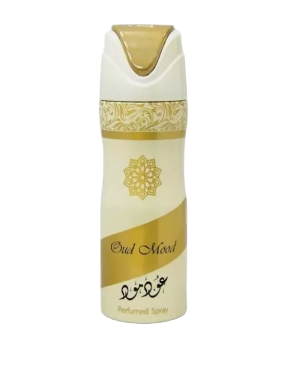Perfume spray bottle with gold and white design on a white background
