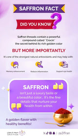 Saffron fact infographic with health benefits and a picture of saffron threads.