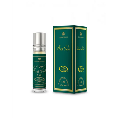 Green and gold boxed saat safa concentrated perfume oil roll-on by crown perfumes featuring exotic oriental scent