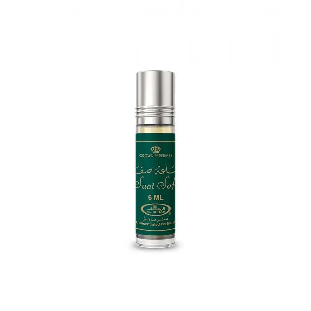 A sleek silver-topped roll-on concentrated perfume oil bottle saat safa 6ml with green label and gold arabic script
