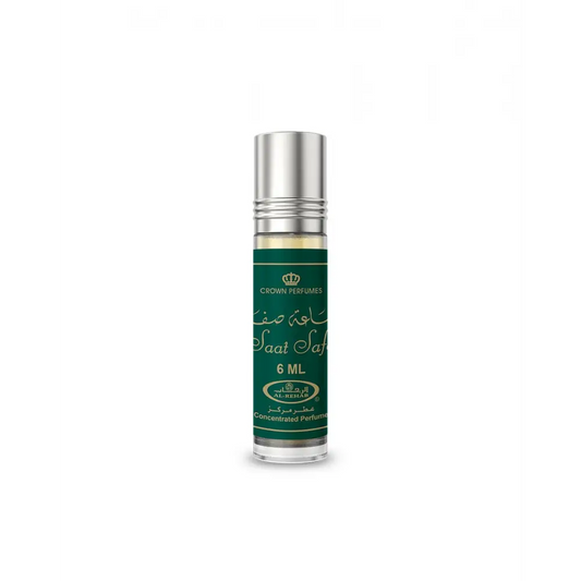 A sleek silver-topped roll-on concentrated perfume oil bottle saat safa 6ml with green label and gold arabic script