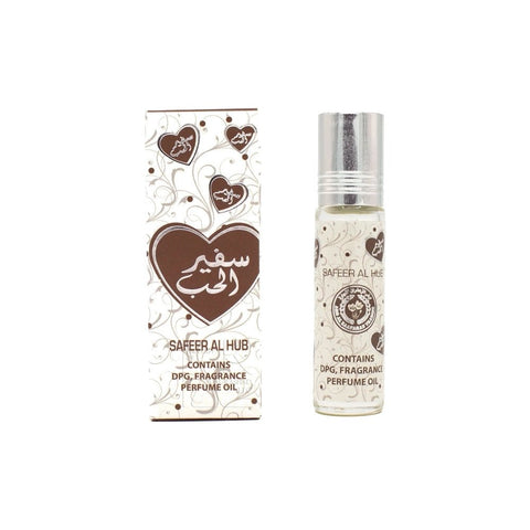 A bottle of Safeer Al Huj perfume oil next to its white and brown illustrated packaging box, set against a plain white background.Safeer Al Hub Perfume Oil 10ml – Ard Al Zaafaran