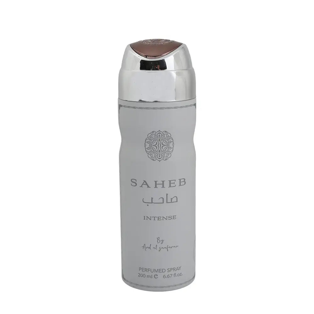 Silver metallic ard al zaafaran saheb intense perfumed body spray 200ml with rose gold cap and embossed arabic and english text