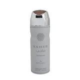 Silver metallic ard al zaafaran saheb intense perfumed body spray 200ml with rose gold cap and embossed arabic and english text