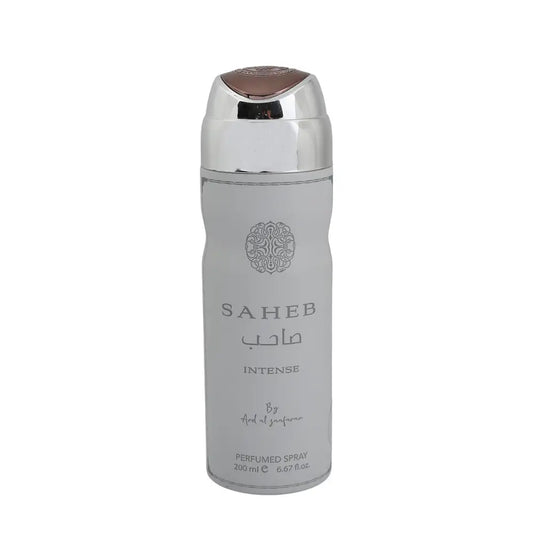 Silver metallic ard al zaafaran saheb intense perfumed body spray 200ml with rose gold cap and embossed arabic and english text