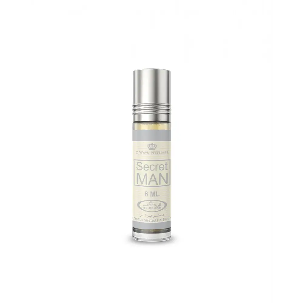 Silver-topped roll-on concentrated perfume oil secret man by crown perfumes in 6 ml clear glass bottle with gray label