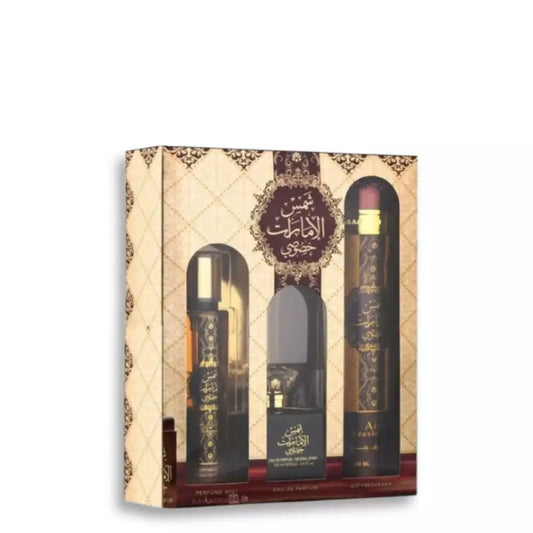 “Shams Al Emarat Khususi 3-piece perfume gift set by Ard Al Zaafaran”“Shams Al Emarat Khususi 3-piece perfume gift set by Ard Al Zaafaran”