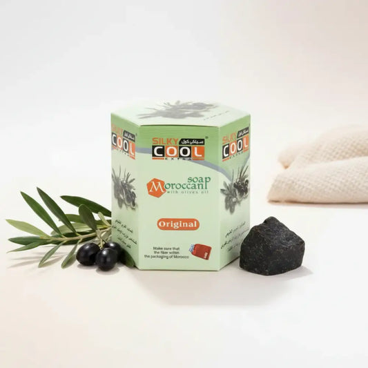 Box of Silky Cool Moroccan soap with olives on a white background