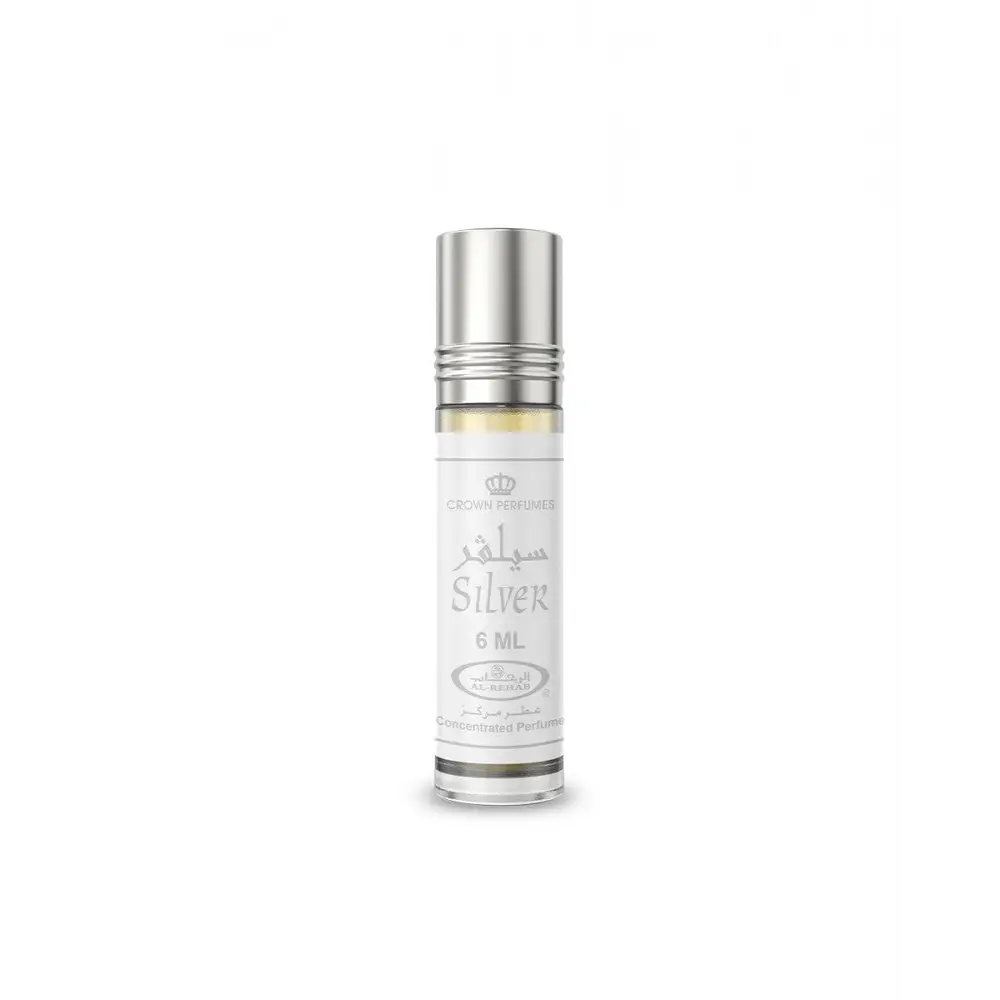 A sleek silver roll-on concentrated perfume oil bottle by crown perfumes with 6 ml light yellow perfume oil inside