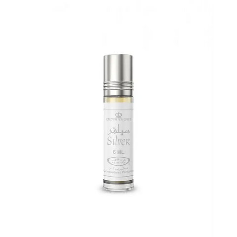 A sleek silver roll-on concentrated perfume oil bottle by crown perfumes with 6 ml light yellow perfume oil inside
