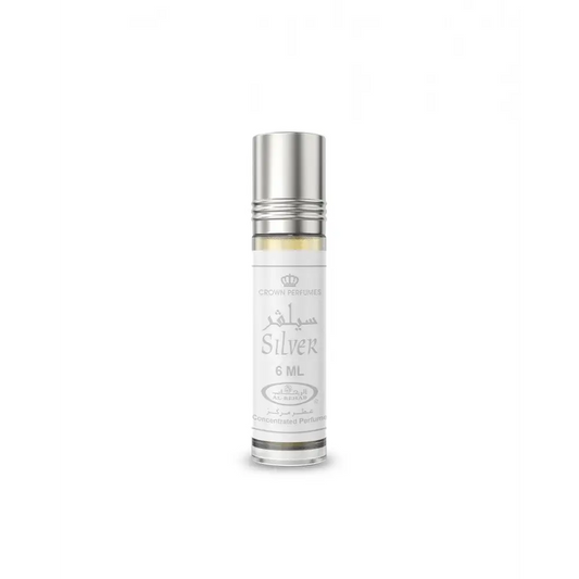 A sleek silver roll-on concentrated perfume oil bottle by crown perfumes with 6 ml light yellow perfume oil inside