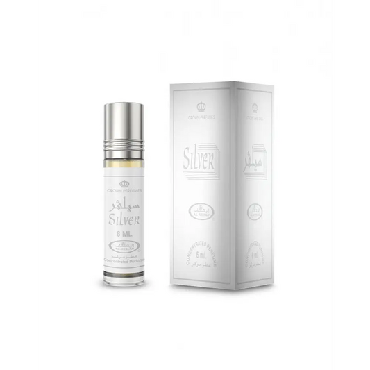 Silver cpo 6ml by al rehab is a concentrated perfume oil in a clear glass bottle with metallic cap and golden liquid