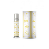 Silver-topped transparent glass roll-on concentrated perfume oil bottle labeled soft by crown perfumes soft cpo 6ml al rehab