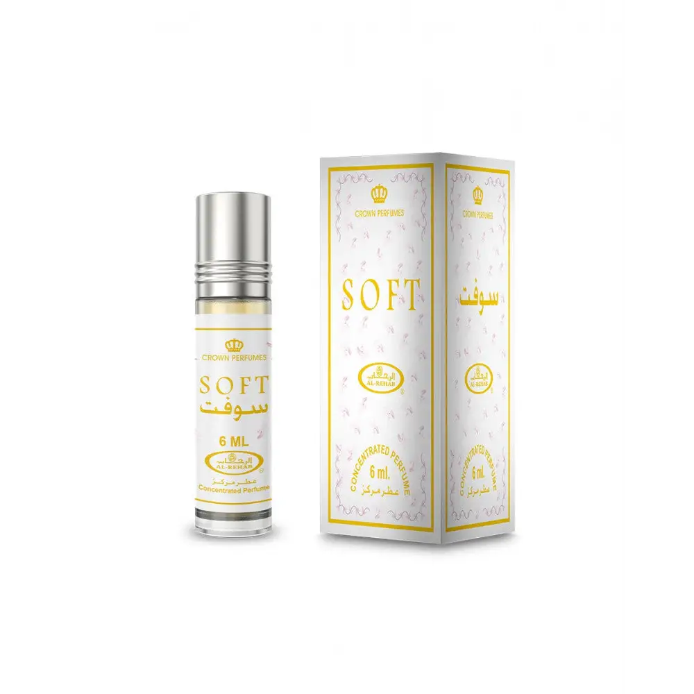 Silver-topped transparent glass roll-on concentrated perfume oil bottle labeled soft by crown perfumes soft cpo 6ml al rehab