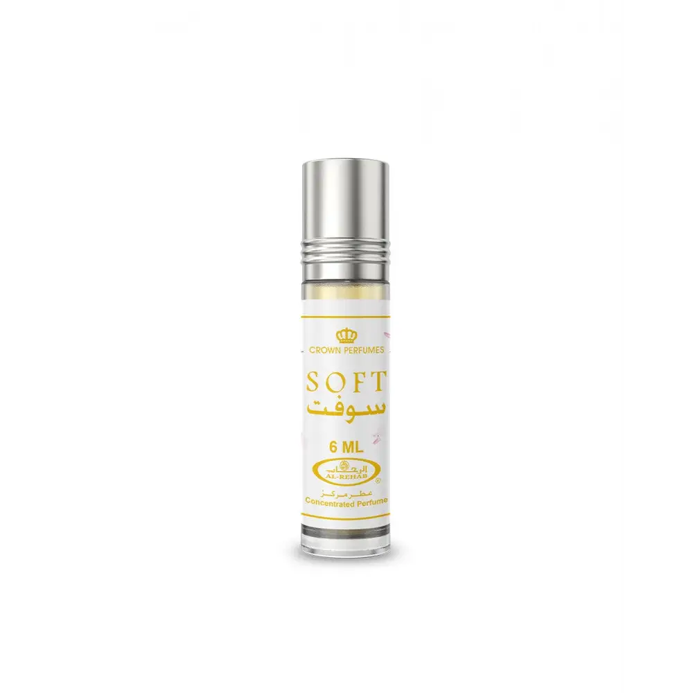 A sleek silver roll-on concentrated perfume oil bottle soft cpo 6ml by crown perfumes with gold text on white label