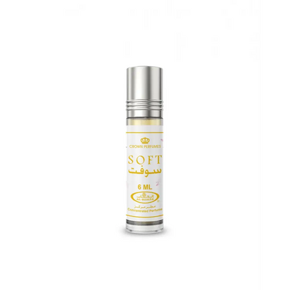 A sleek silver roll-on concentrated perfume oil bottle soft cpo 6ml by crown perfumes with gold text on white label