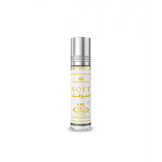 A sleek silver roll-on concentrated perfume oil bottle soft cpo 6ml by crown perfumes with gold text on white label