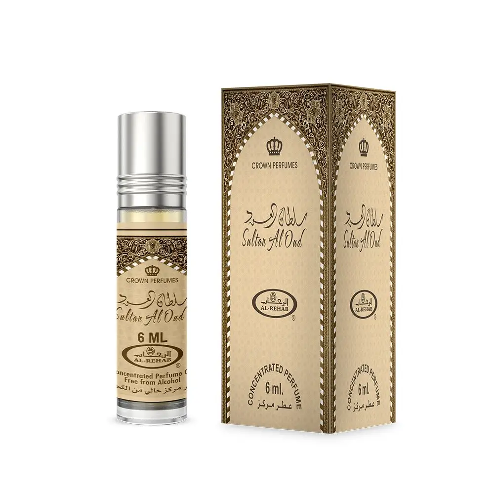 Silver-topped sultan al oud 6ml roll-on concentrated perfume oil with gold arabic script and ornate noor east box