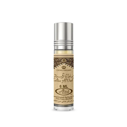 Silver-topped sultan al oud concentrated perfume oil roll-on 6ml with beige label gold arabic script and ornate box by al rehab