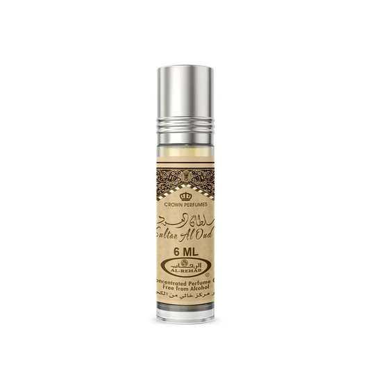 Silver-topped sultan al oud concentrated perfume oil roll-on 6ml with beige label gold arabic script and ornate box by al rehab