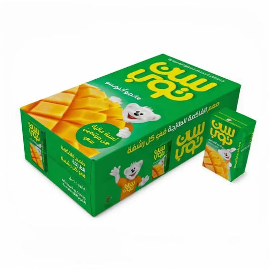 Green cardboard box of sun top surya mango kids juice drink multipack with polar bear mascot and diced mango images