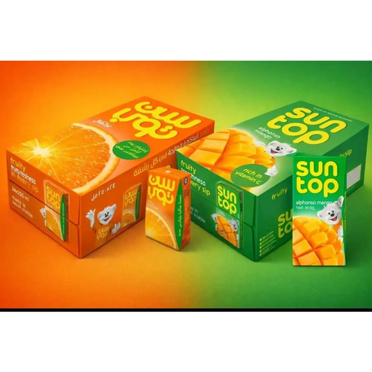 Orange and green cardboard boxes of sun top kids juice drink multipack featuring cartoon bears and citrus slices and mango chunks