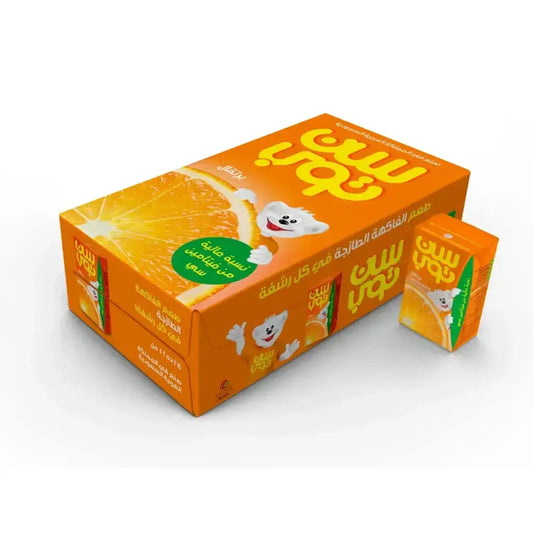 Orange-colored sun top kids juice drink multipack with cartoon polar bear mascot and arabic text for kids juice drink
