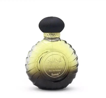 A sleek gradient glass perfume bottle with black ribbed cap and gold accents labeled black oud by surrati oud collection