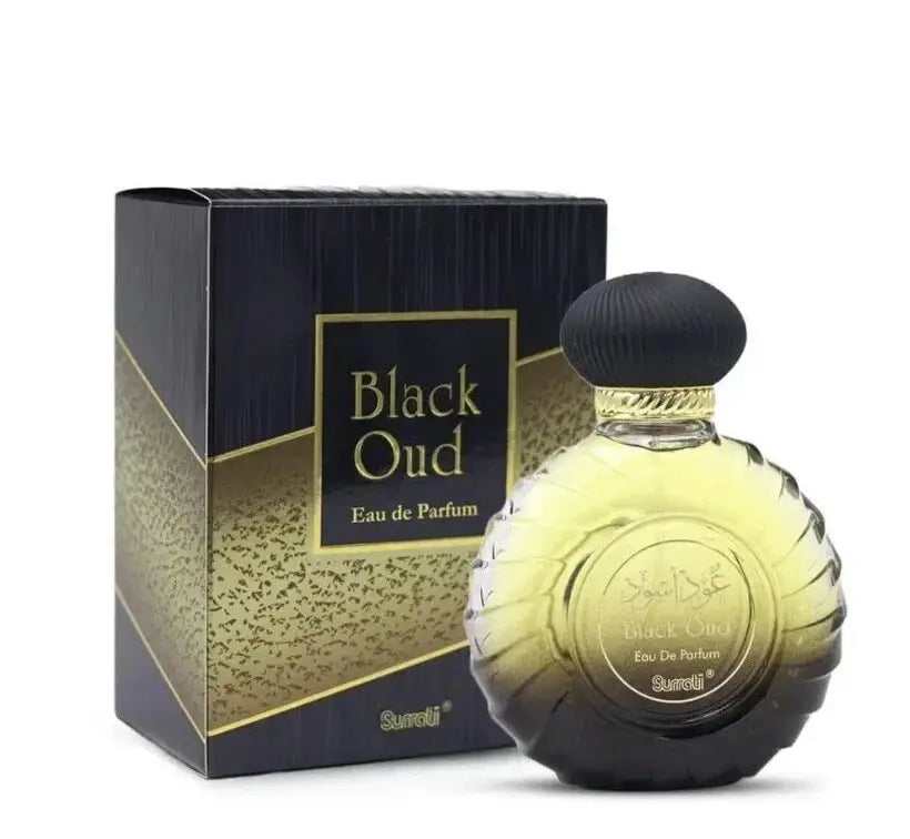 A luxurious amber glass bottle of surrati oud collection black oud eau de parfum with textured black cap and gold label