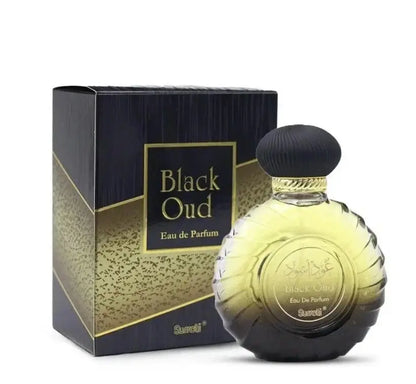 A luxurious amber glass bottle of surrati oud collection black oud eau de parfum with textured black cap and gold label