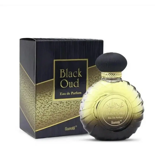 A luxurious amber glass bottle of surrati oud collection black oud eau de parfum with textured black cap and gold label