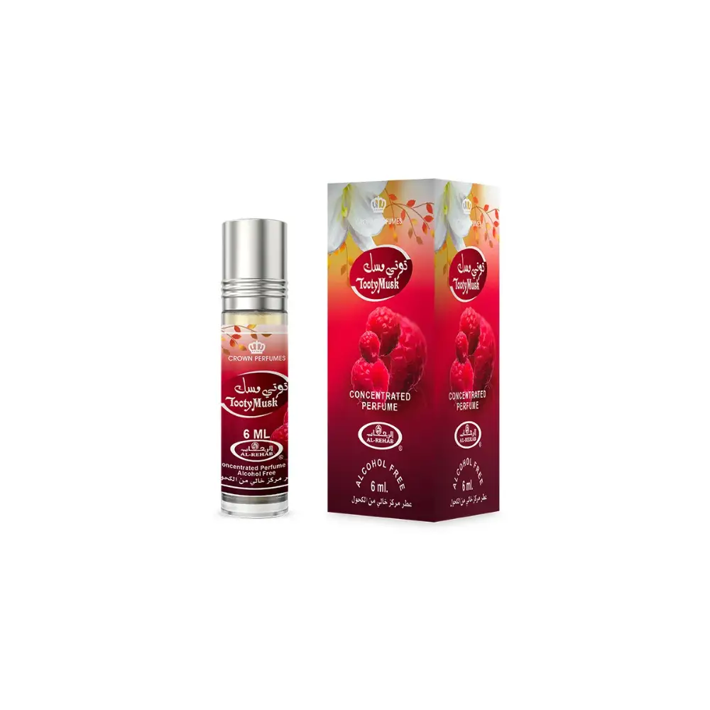 A sleek transparent glass rollerball bottle with silver cap and red label featuring tooty musk concentrated perfume oil