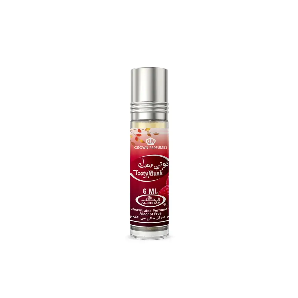 A sleek silver-topped roll-on concentrated perfume oil bottle with a red and white tooty musk label by al rehab